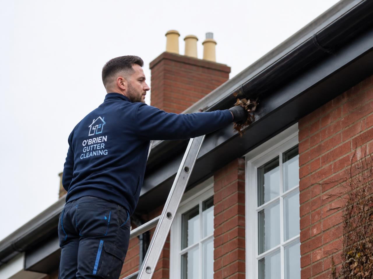 Gutter cleaning technician clearing leaves from the gutter of an Irish home